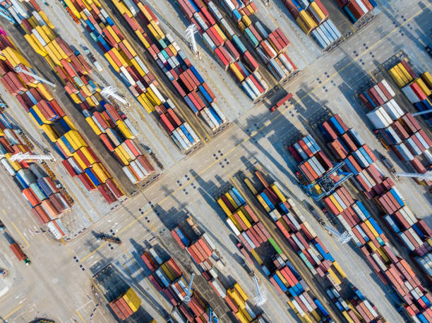 istock Aerial view of container terminal and freight ship for Logistic Import Export background 2164364143