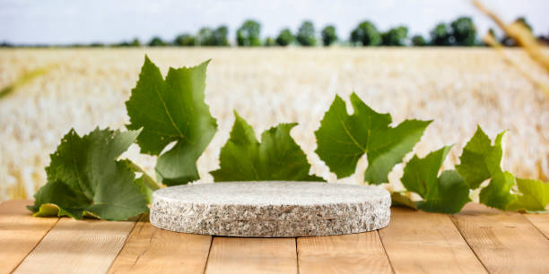 Flat stone on wooden table background with copy space for products. Wheat field summer background.