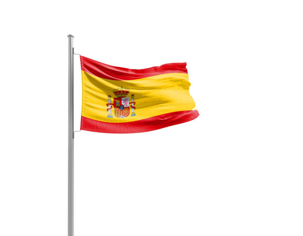 Spain national flag waving isolated on white background with clipping path.