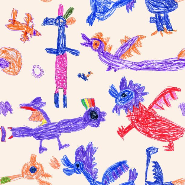 istock Hand felt-tip pen sketches of fairy tale Dragons and monsters. Seamless pattern on a beige background 2164369999
