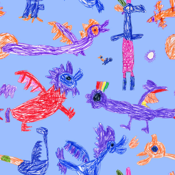 istock Hand felt-tip pen sketches of fairy tale Dragons and monsters. Seamless pattern on a lavender blue background 2164370000