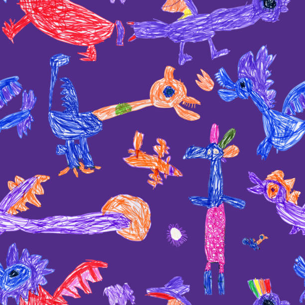 istock Hand felt-tip pen sketches of fairy tale Dragons and monsters. Seamless pattern on a dark purple background 2164370077