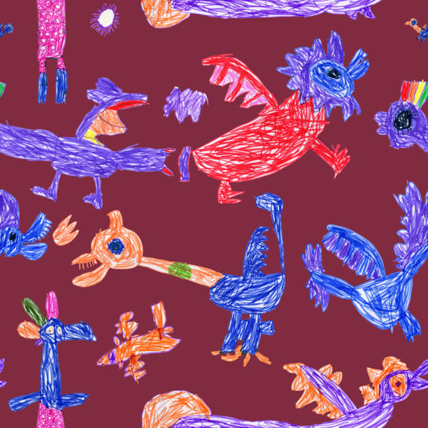 istock Hand felt-tip pen sketches of fairy tale Dragons and monsters. Seamless pattern on a dark red background 2164370407