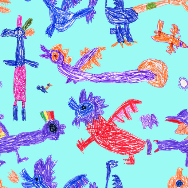 istock Hand felt-tip pen sketches of fairy tale Dragons and monsters. Seamless pattern on a turquoise background 2164370656