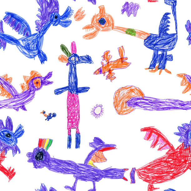istock Hand felt-tip pen sketches of fairy tale Dragons and monsters. Seamless pattern on a white background 2164370657