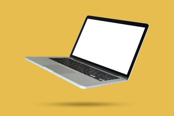istock Laptop with blank screen isolated on yellow background 2164372241