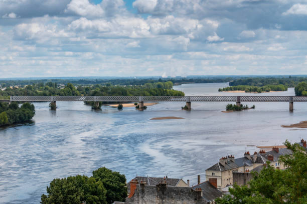 view of the French town of Saumur in the Loire River running through it. High angle summer shot.
