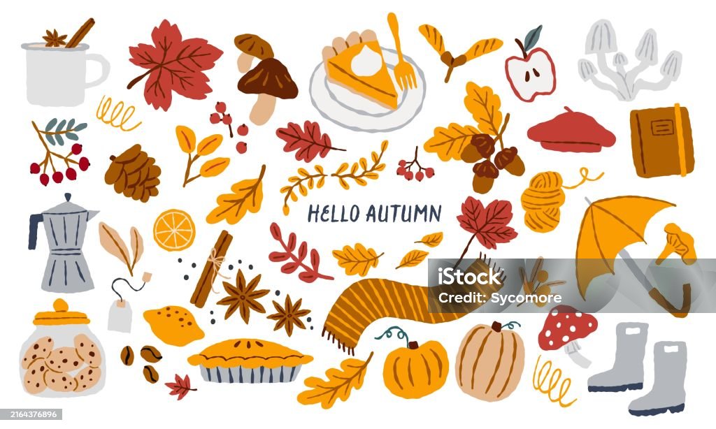Vari elementi autunnali carini e accoglienti. illustrazione vettoriale disegnata a mano. Tutti gli elementi sono isolati. - arte vettoriale royalty-free di Autunno Vari elementi autunnali carini e accoglienti. illustrazione vettoriale disegnata a mano. Tutti gli elementi sono isolati. - arte vettoriale royalty-free di Autunno