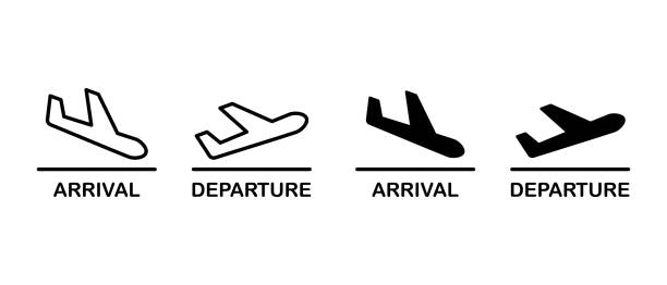 ankunfts- und abflugflugzeug-symbol-vektorsatz. flughafen- und flugzeugsymbol - ankunfts und abfahrtstafel stock-grafiken, -clipart, -cartoons und -symbole