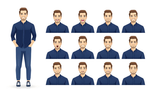 молодой красавец с набором выражений лица - выражение лица stock illustrations