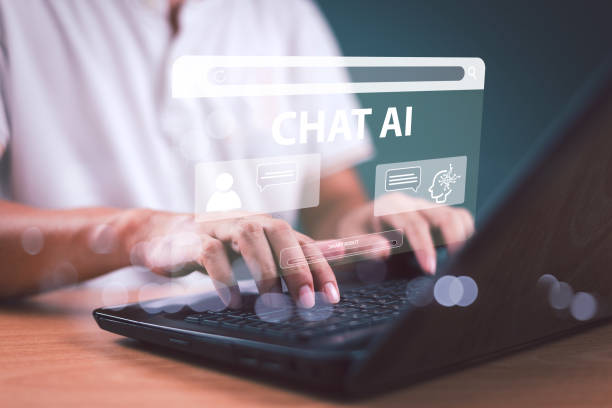 istock Ai bot chat with customer, blue background. Man use computer laptop chat with Ai, Artificial intelligence. Robot business convenient assistance. Virtual conversation prompt, information data network 2164381479