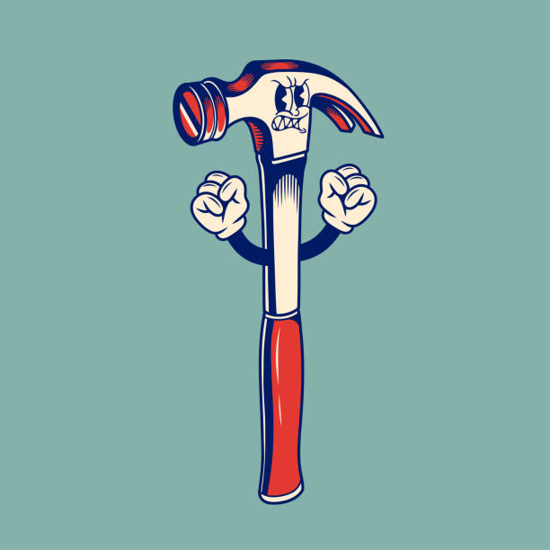 Retro character design of hammer tool, simple vector design, cute sticker, character sticker