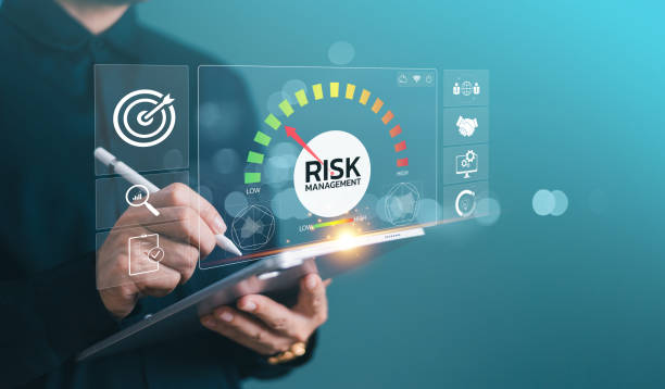 istock Risk assessment management concept, financial business plan process service. Businessman use pen tablet on low-high risk speedometer icon screen. Investment control technology, forecast evaluation 2164383708
