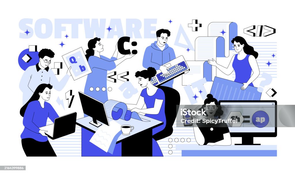 free vector | development teamwork concept developers... Software Technology Business Team Work Programmer And Coder Characters ...