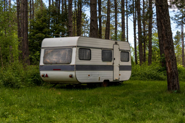 istock Abandoned camping trailers in the forest on Lake Vlasina. 2164401600