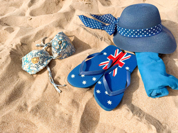 istock Beach Accessories on Sand - Hat, Flip Flops, Bag, and Shells for Summer Vacation 2164406094