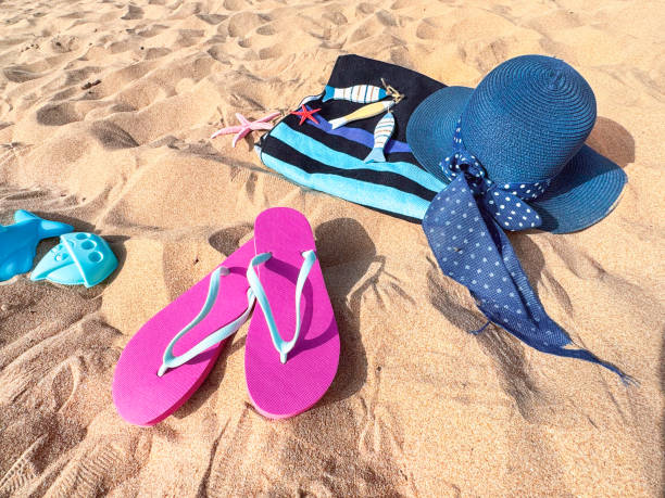 istock Beach Accessories on Sand - Hat, Flip Flops, Bag, and Shells for Summer Vacation 2164406103