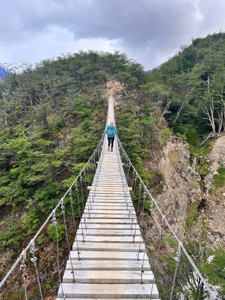 Young woman walks across wooden suspension bridge, Grey Glacier, Torres del Paine National Park, Patagonia