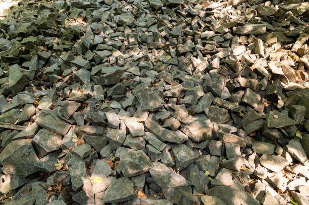 Boulder field with small basalt rocks on the hillside of Badacsony in the morning in summer.