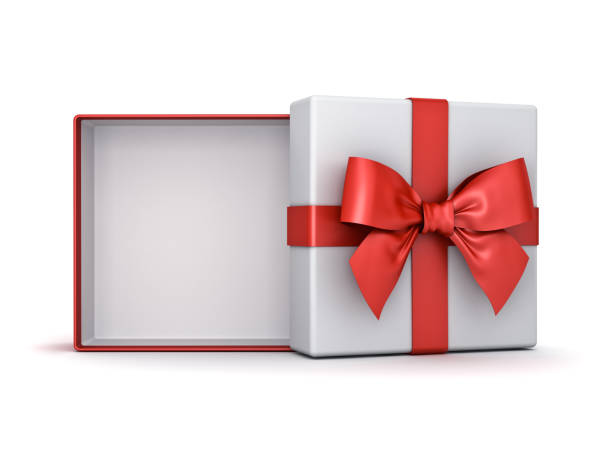 istock Blank white gift box product display showcase mock up stand open or top view of present box tied with red ribbon and bow isolated on white background with shadow minimal conceptual 3D rendering 2164436744