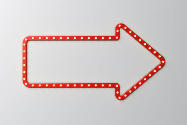 istock Blank red arrow sign frame with retro yellow neon light bulbs isolated on white wall background with shadow idea concepts 3D rendering 2164436751