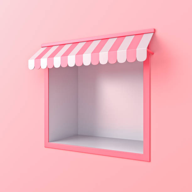 istock Perspective view blank box shelf niche exhibition booth store showcase with pink striped awning or display shop kiosk in pink pastel color wall mockup template background minimal concepts 3D rendering 2164436752