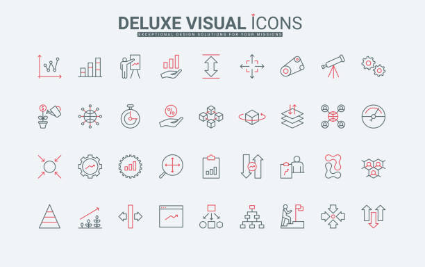 Arrows for presentation of growth and scaling line icons set, tools to control size Arrows for presentation of growth and scaling line icons set. Tools to maximize and minimize, resize and expand, control size and direction thin black and red outline symbols vector illustration box plot graph stock illustrations