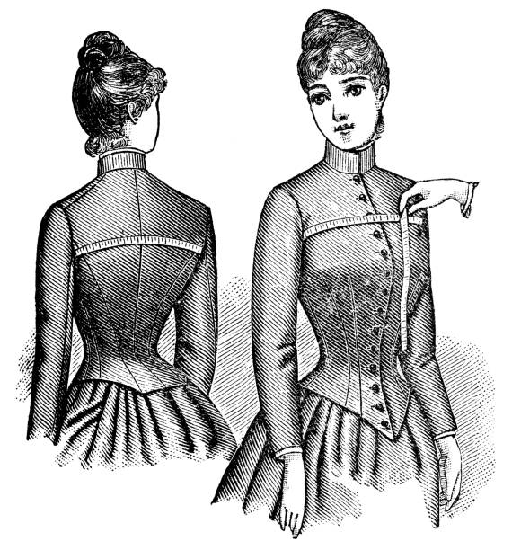 A Victorian woman being measured by a seamstress. Vintage photo etching circa 19th century.