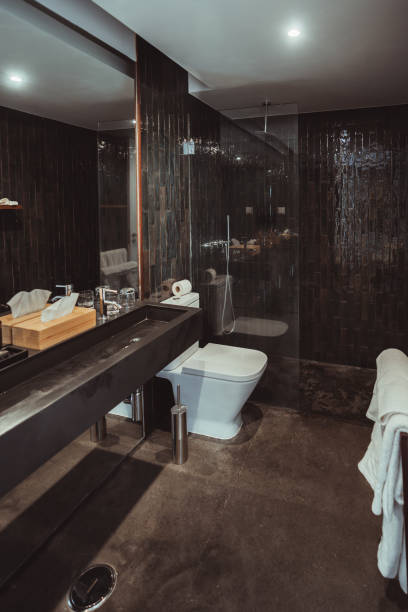 istock Modern bathroom with black tiles 2164448174