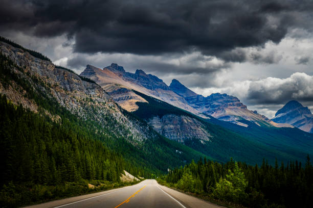 driving with a car on a mountain road in Alberta in Canada