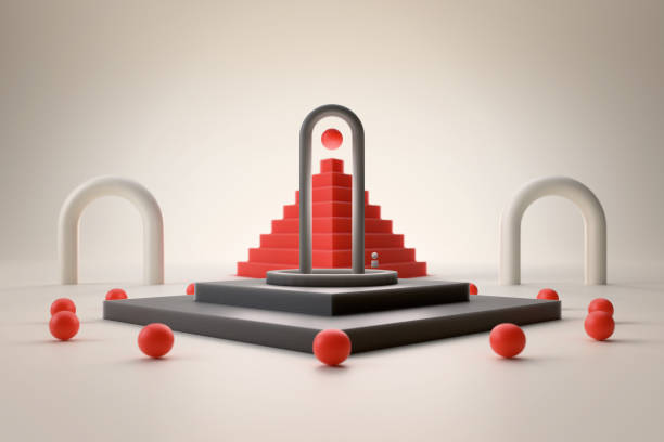 Abstract geometric pyramidal shape with arche on a podium in white, red and black design background for advertising, technology, game, metaverse. Sci-Fi Illustration.