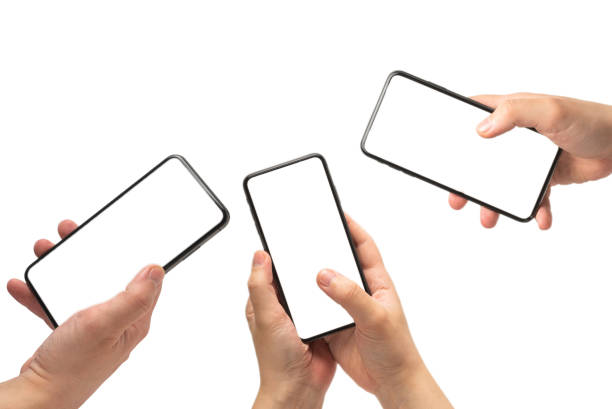 istock Smart phone in man hand isolated on white background.  White screen. 2164488482