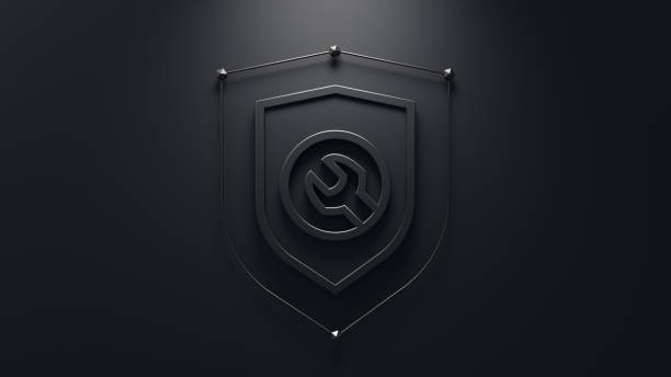 Security solutions concept. Abstract shield with wrench symbol in the middle