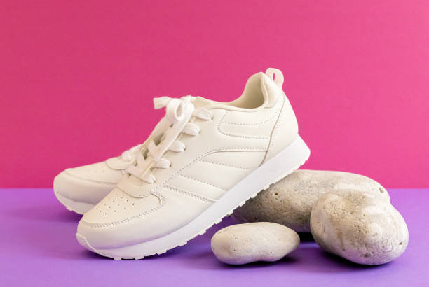 White blank women shoes mockup stand isolated, top view, clipping path. Female ballet foot wear design mock up with clear insole. Clean lady footwear template wth flat slip. Dance girls shoe display.