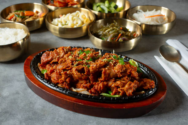 istock spicy pork bulgogi, banchan 2164510029