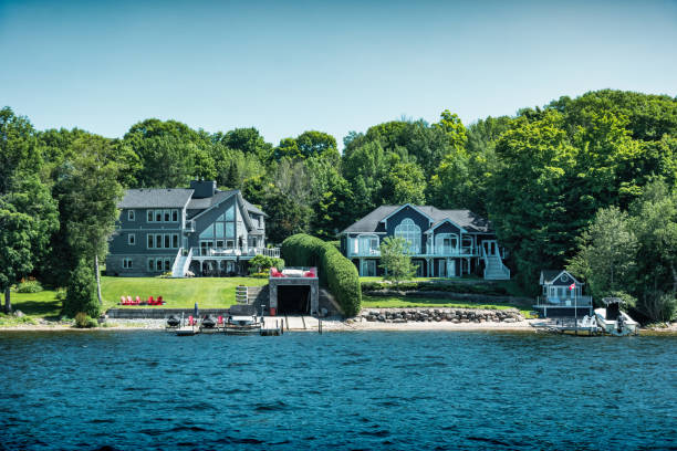 Waterfront mansions at Millionaire's Row in Penetanguishene, Ontario, Canada on a sunny day.