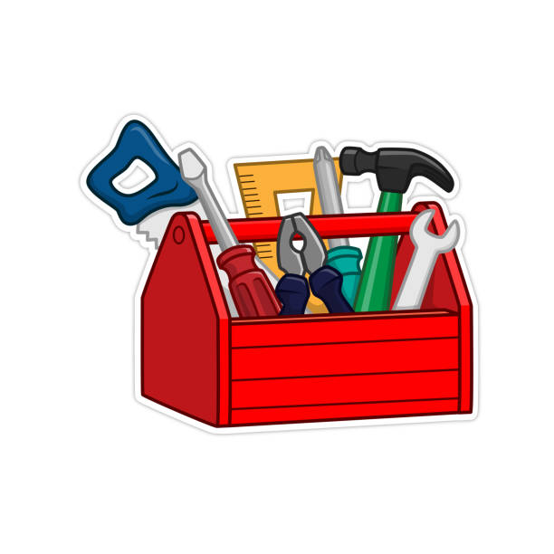 Vector illustration of A classic red toolbox overflowing with hand tools for construction and repair work. Red toolbox full of tools for repairing and building red hammer stock illustrations