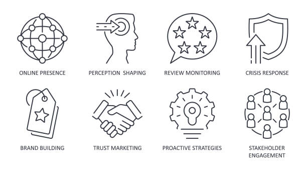 ilustraciones, imágenes clip art, dibujos animados e iconos de stock de gestión de la reputación de iconos vectoriales. los símbolos de línea implican monitorear, influir y mantener activamente la percepción pública de un individuo, empresa o marca. signo de conjunto de trazos editable - adulación