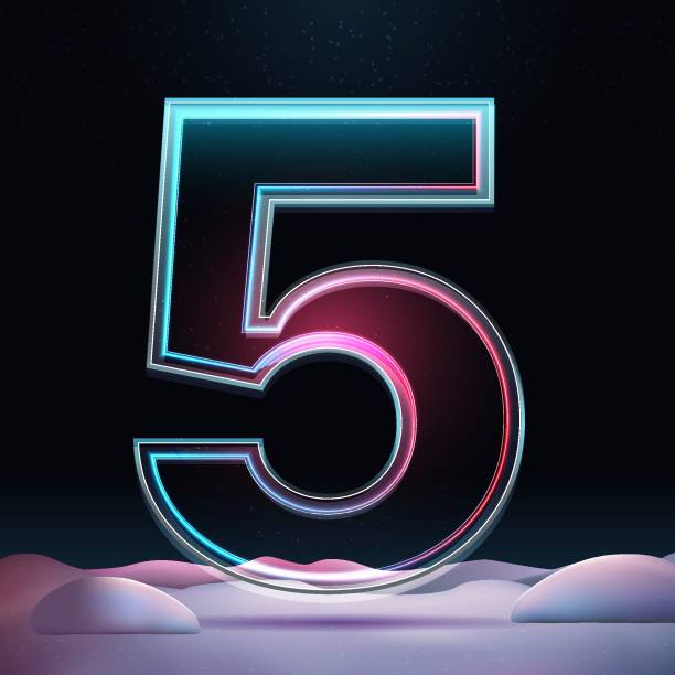 istock 3D glass number 5 with neon light insight. Big relistic symbol with sparkles and winter background. Futuristic holiday decoration. Element for design poster, advertisign or game 2164534605