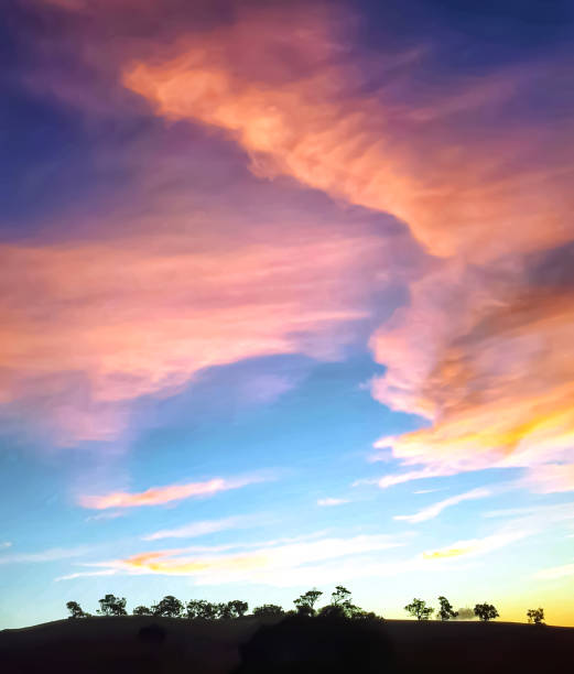 Silhouette of trees on top of a hill with colourful sunset clouds and blue sky