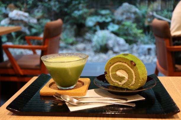 Matcha cappuccino and Matcha roll cake in Kyoto, Japan