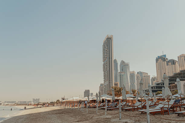 Beachfront with lounge chairs and umbrellas, with modern high-rise buildings in the background