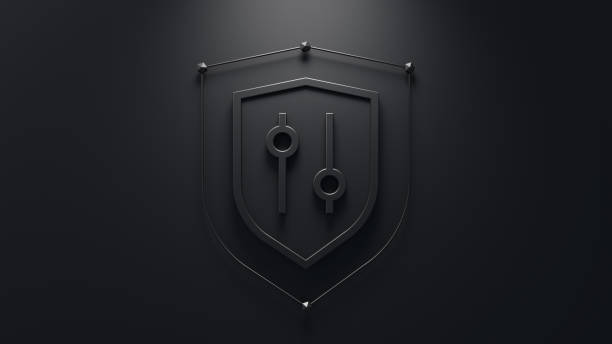 istock Security solutions concept. Abstract shield with an options sliders symbol in the middle. Minimalistic 3d concept. 2164564017