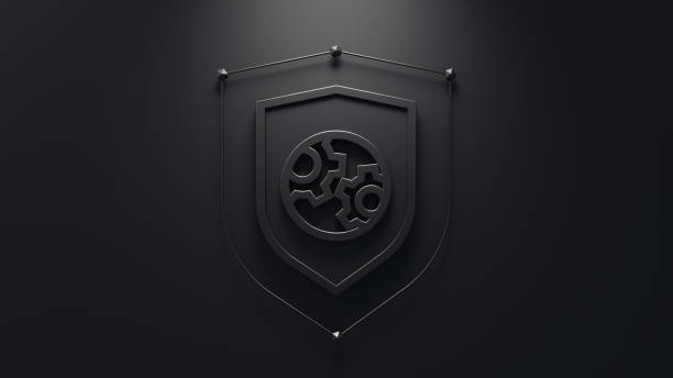 Security solutions concept. Abstract shield with gears symbol in the middle. Minimalistic 3d concept.