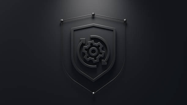 istock Security solutions concept. Abstract shield with gears and update symbol in the middle. Minimalistic 3d concept. 2164564039