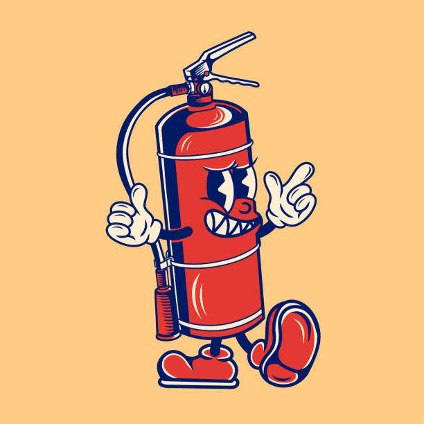 Retro character design of fire extinguisher, simple vector design, cute sticker, character sticker