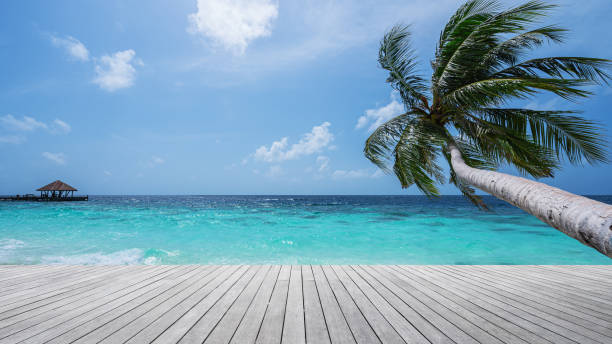 istock Empty wooden terrace beside tropical beach 2164566188