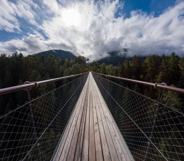 istock Suspended Wooden Bridge Stretching into Forested Hills 2164567315