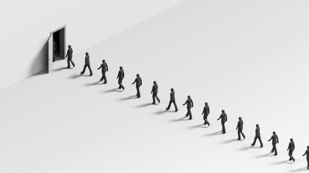 istock A group of people on a white background enter an open dark door. 3d render. 2164569596