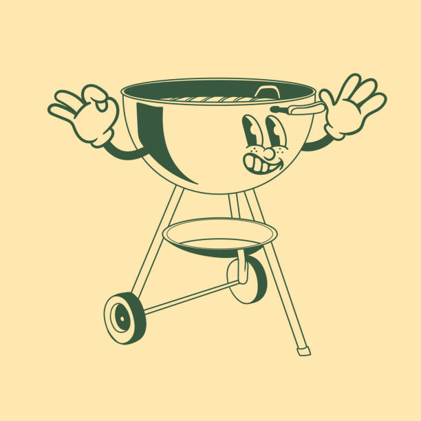 Vintage character design of barbecue grill, simple vector design, cute sticker, character sticker